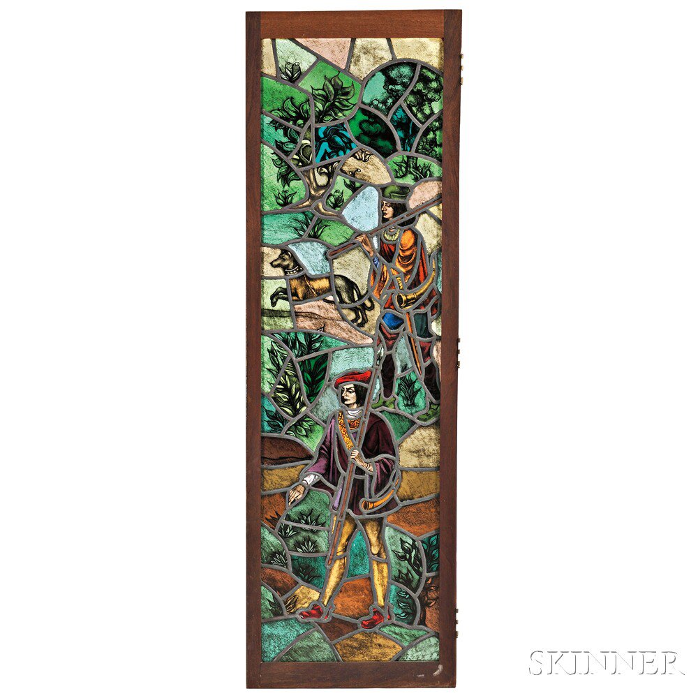 Appraisal: Pair of Stained Glass Panels with Hunt Scene th century