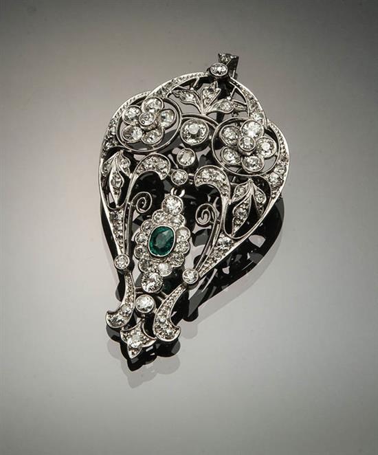 Appraisal: Edwardian Platinum Emerald and Diamond Pendant Brooch Circa The bail