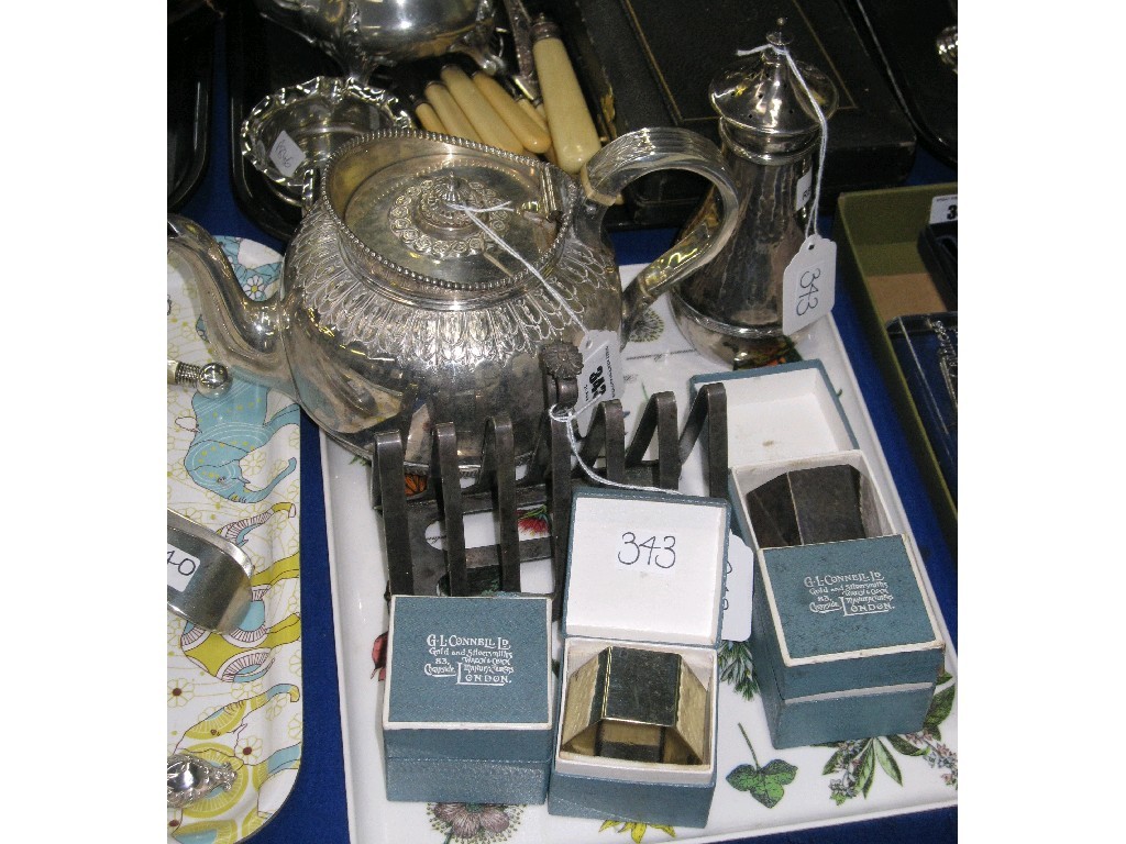 Appraisal: Tray lot of EP - teapot caster toastrack napkin rings