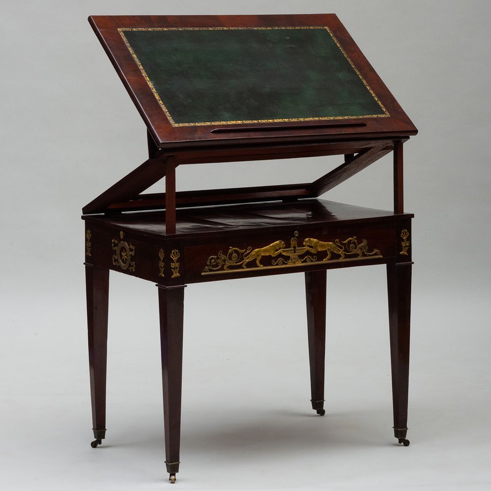 Appraisal: Empire Ormolu-Mounted Mahogany Architects Table The leather lined retractable top