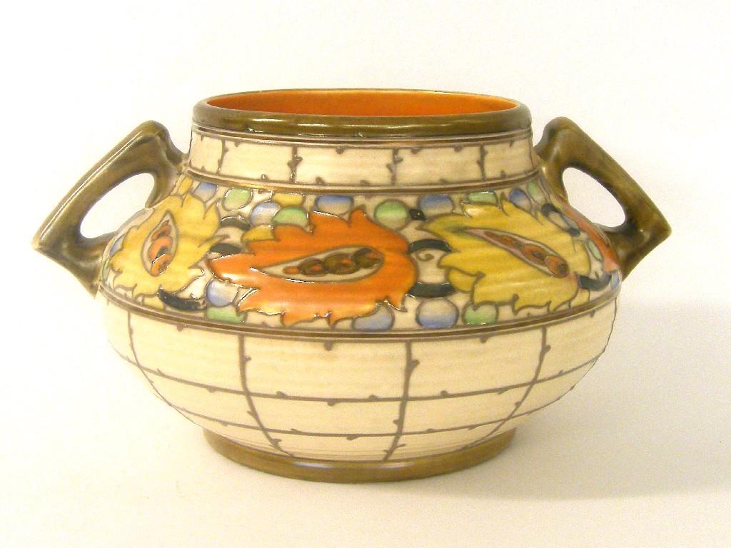 Appraisal: Charlotte Rhead Crown Ducal 'Tarragona' twin handled ribbed vase pattern