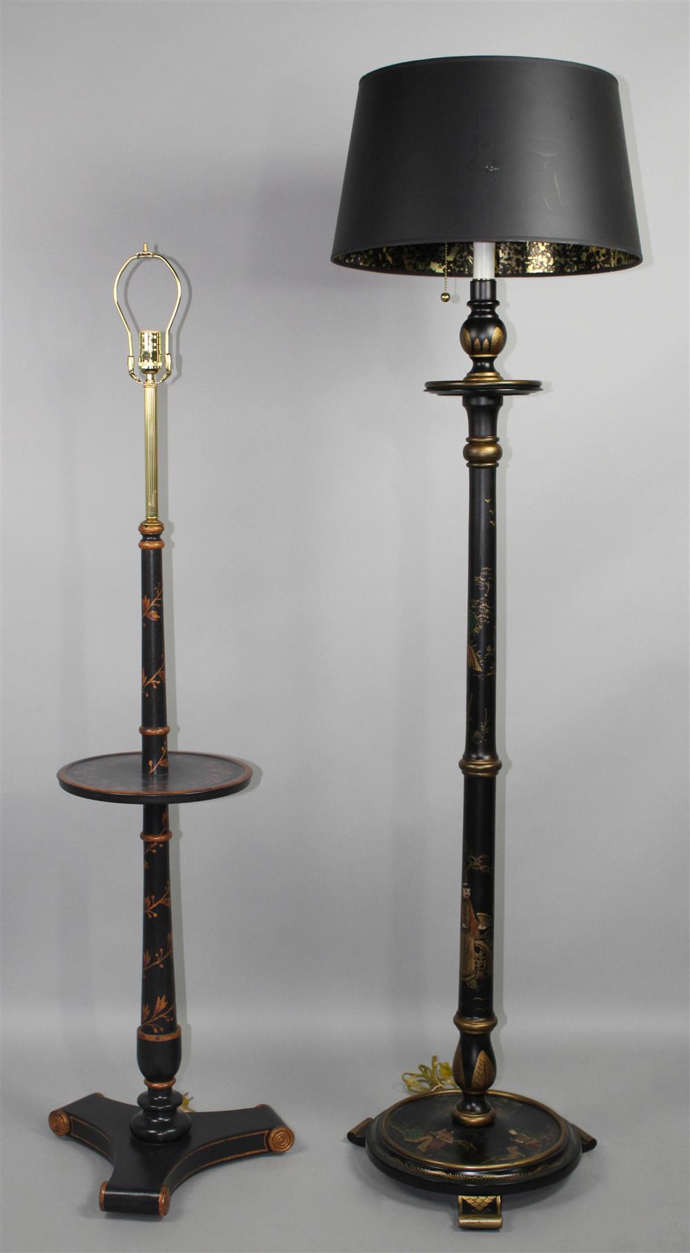 Appraisal: TWO BLACK AND GOLD CHINOISERIE STYLE FLOOR LAMPS the tallest