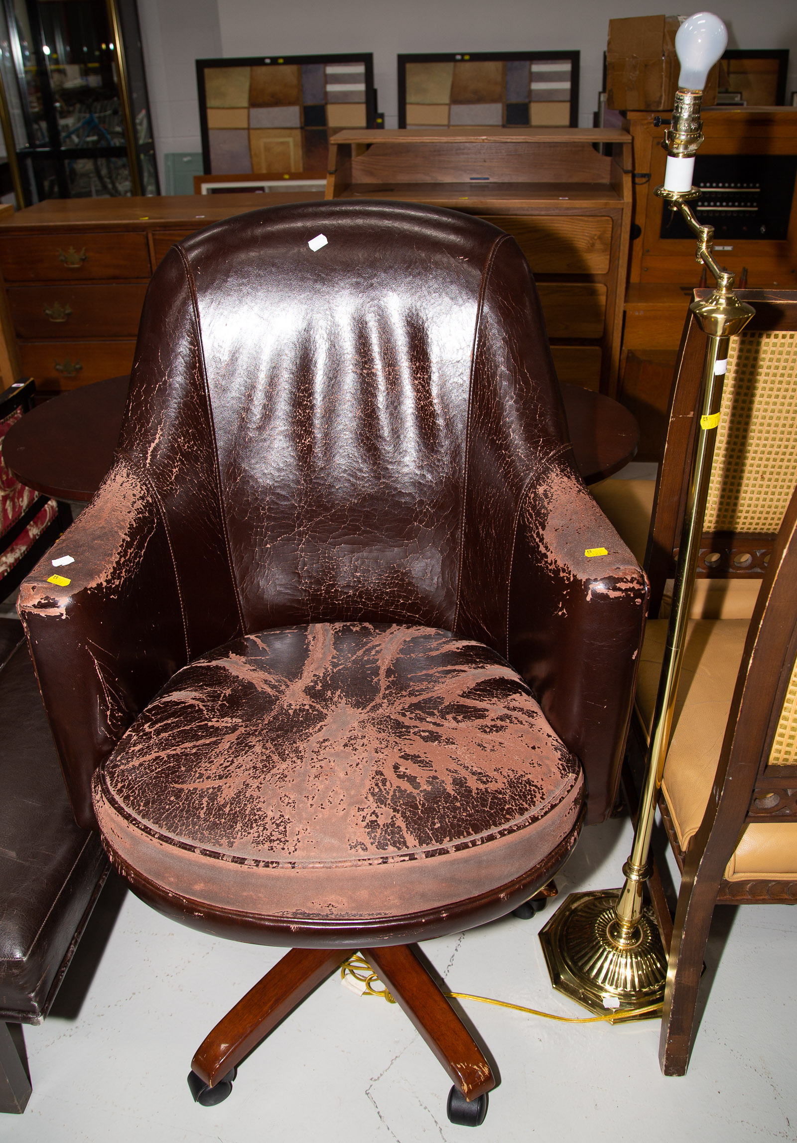 Appraisal: WELL WORN LEATHER OFFICE CHAIR READING LAMP