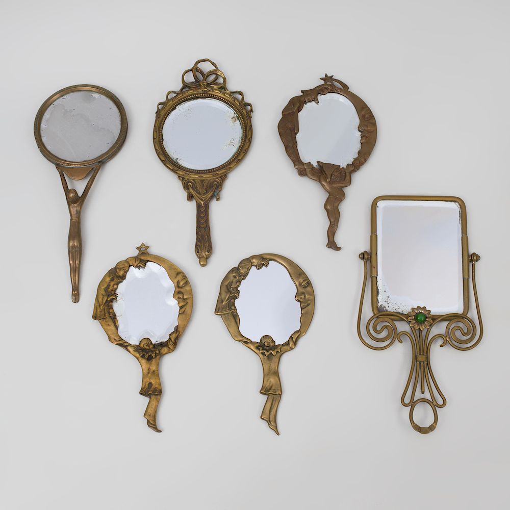 Appraisal: Group of Six Brass Hand Mirrors Comprising Four with figural