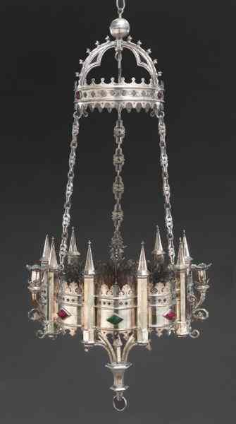 Appraisal: Continental silver Gothic style chandelier the crown shaped top supporting