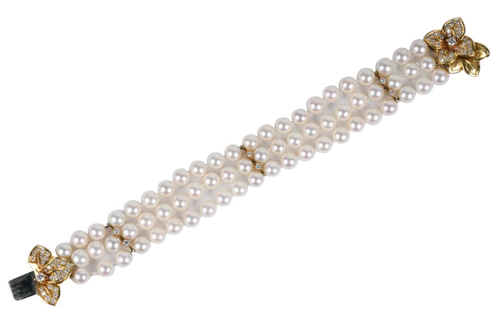 Appraisal: MIKIMOTO KARAT YELLOW GOLD DIAMOND CULTURED PEARL TRIPLE STRAND BRACELETcontaining