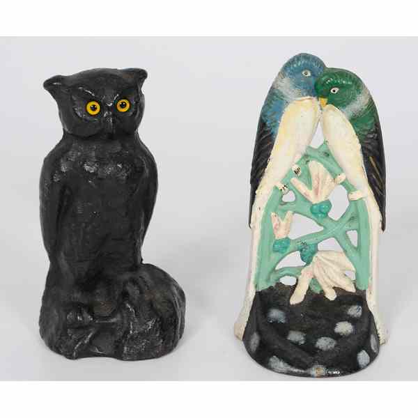 Appraisal: Love Birds And Owl Cast Iron Doorstops American cast iron