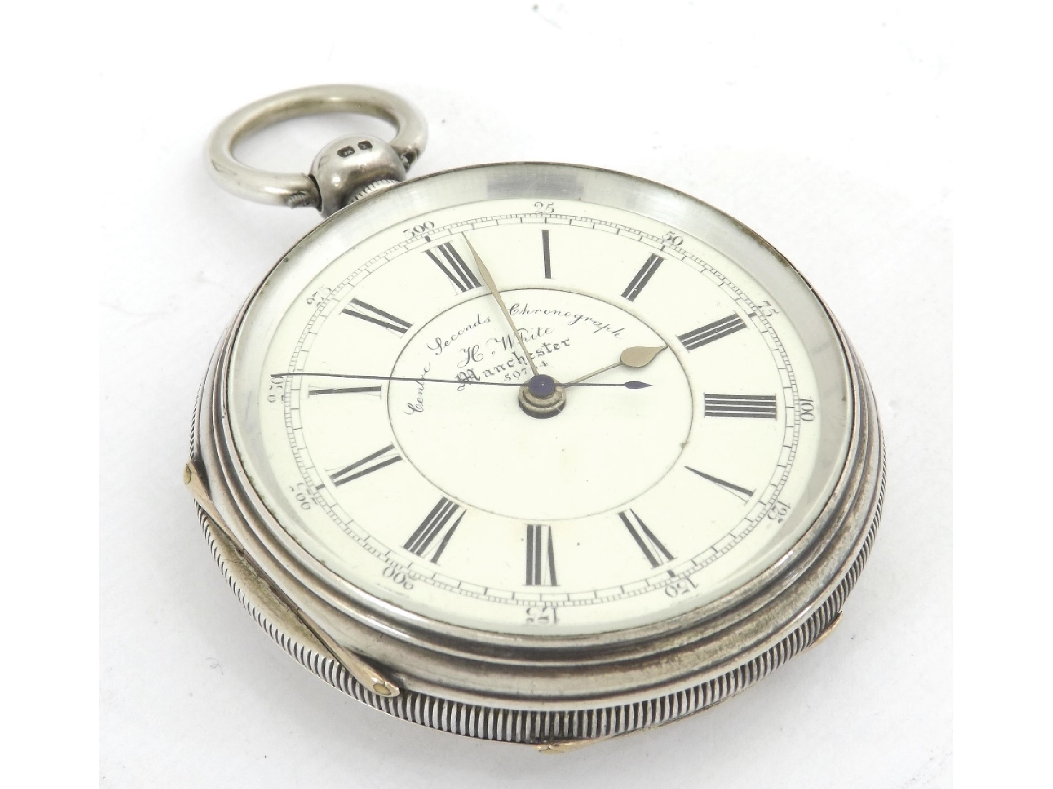 Appraisal: Silver fusee lever centre second chronograph pocket watch Chester the