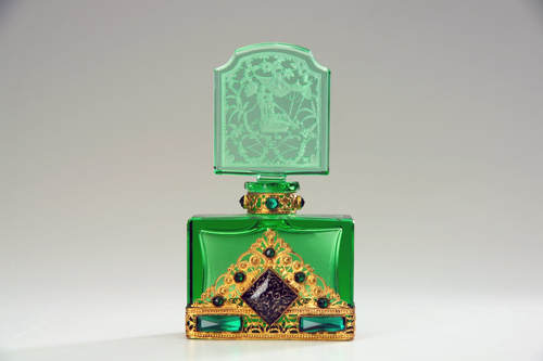 Appraisal: HOFFMAN Perfume bottle in green crystal with jeweled metalwork s