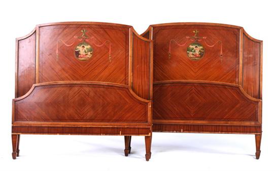 Appraisal: PAIR NEOCLASSICAL TWIN-SIZE BED FRAMES Each satinwood-veneered shaped head board