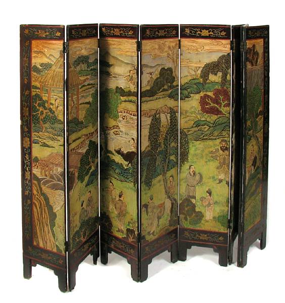 Appraisal: A Chinese Coromandel eight panel screen landscape and figures in