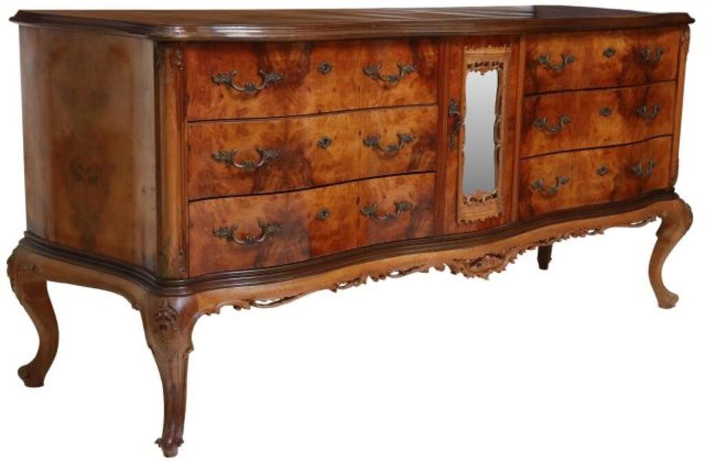 Appraisal: Italian Venetian burlwood sideboard mid th c serpentine-front case fitted