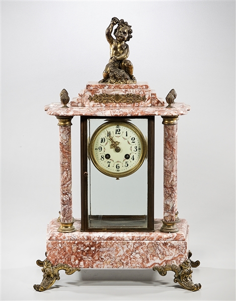 Appraisal: Metal and red marble mantel clock with clock enclosed in