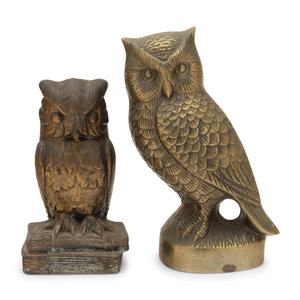 Appraisal: A Pair of Brass Owl Bookends Height of taller example