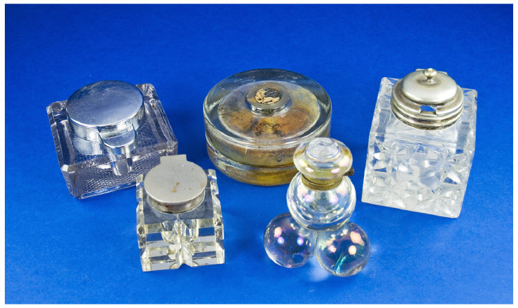 Appraisal: Collection of Five Glass Inkwells polished pressed glass spheres in