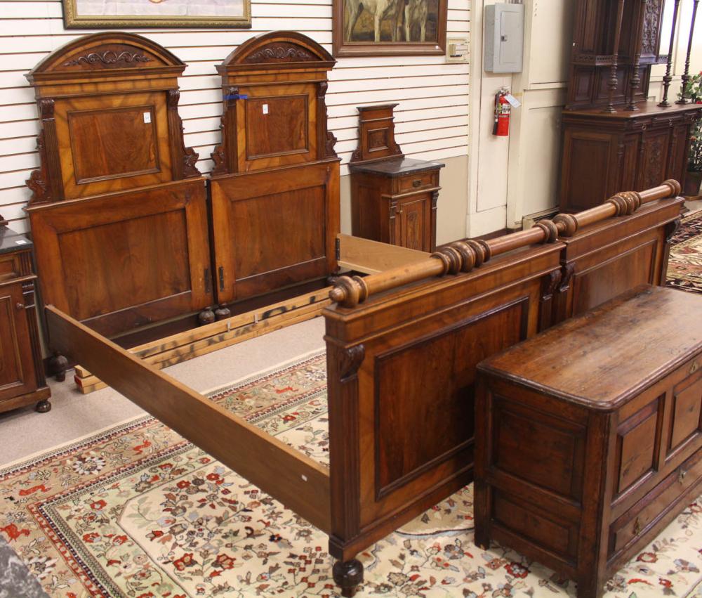 Appraisal: PAIR OF WALNUT TWIN BEDS WITH RAILS Continental late th