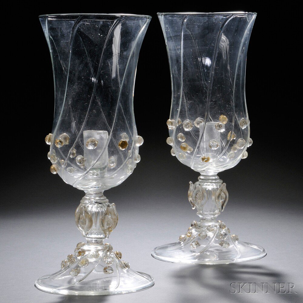 Appraisal: Pair of Murano Glass Candlesticks with Shades Art glass Mid-