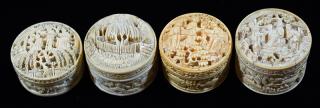 Appraisal: Four Highly Carved Ivory Whist Counter Boxes Circa Including one