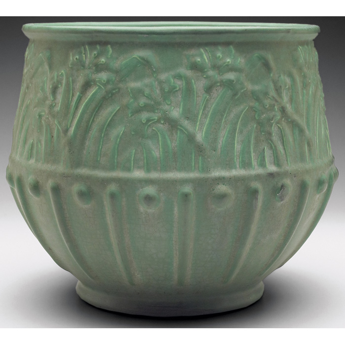 Appraisal: Weller jardiniere molded floral design under a green matte glaze