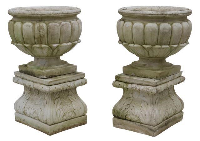 Appraisal: pair Large French cast stone garden urn on pedestal having