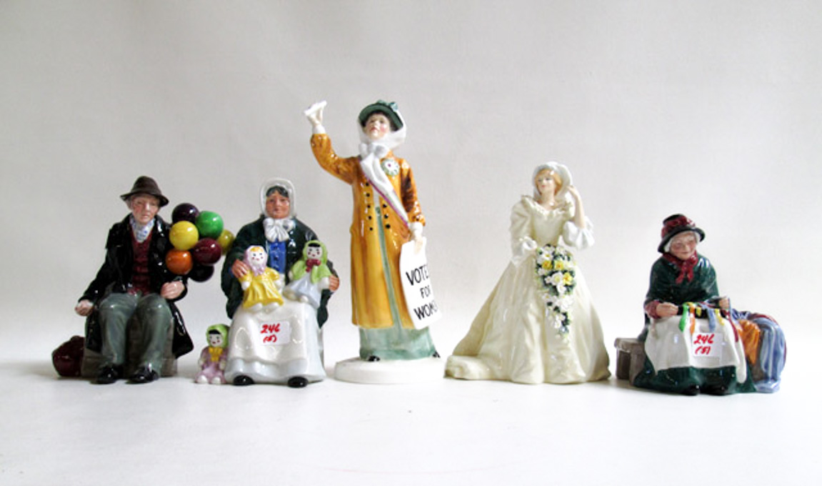 Appraisal: FIVE ROYAL DOULTON BONE CHINA FIGURINES Votes for Women HN