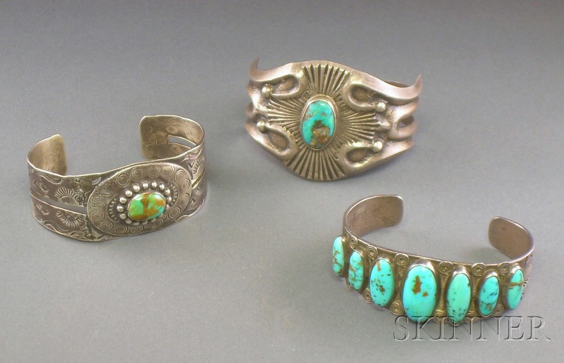 Appraisal: Three Southwest Silver and Turquoise Bracelets Navajo first half th