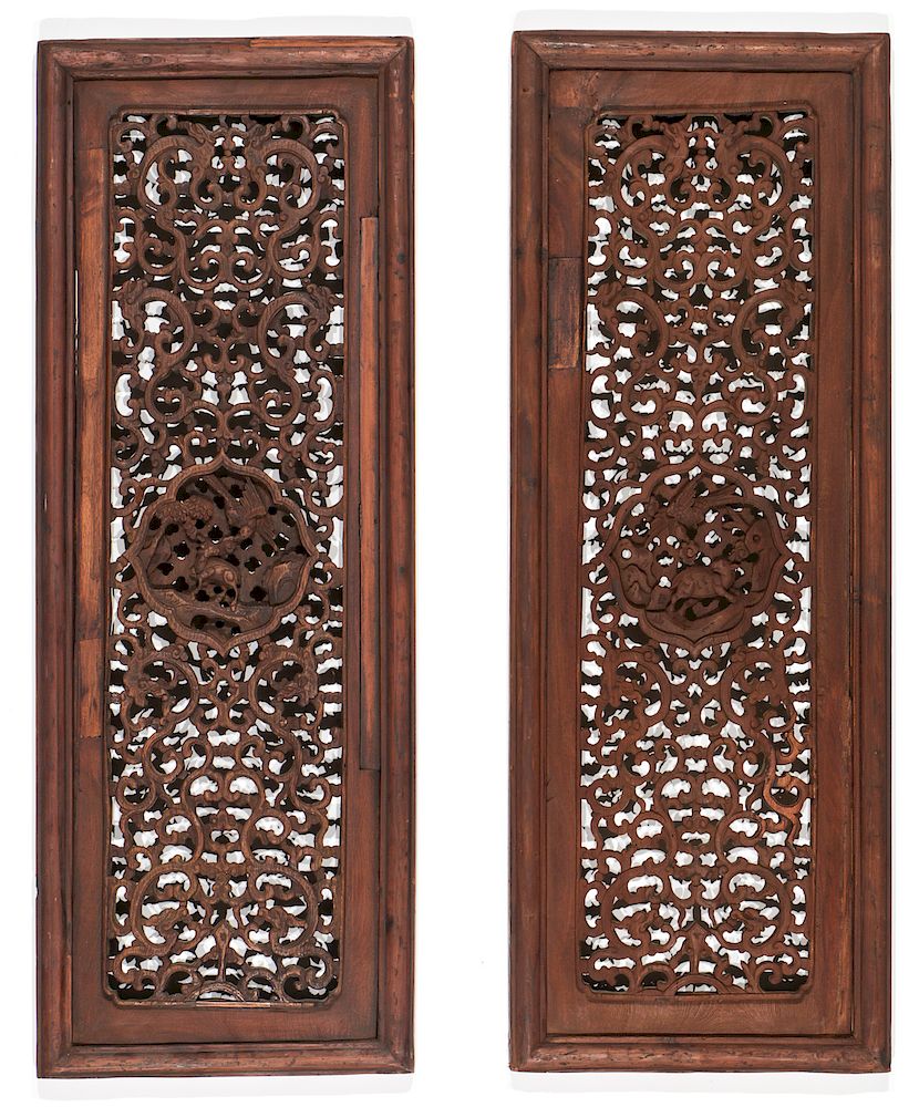 Appraisal: Pair of Intricately Carved Antique Chinese Wood Panels Pair of