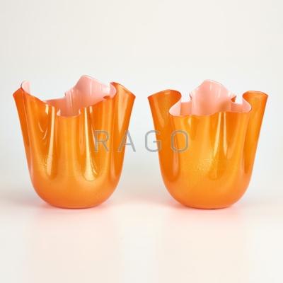 Appraisal: VENINI Two fazzoletto vases orange with gold flecks Italy With