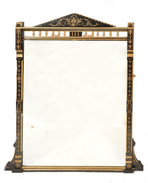 Appraisal: AN AESTHETIC GILT AND EBONISED SQUARE OVERMANTEL MIRROR cm high