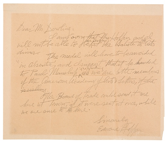 Appraisal: HOPPER EDWARD Autograph Letter Signed a draft of a letter