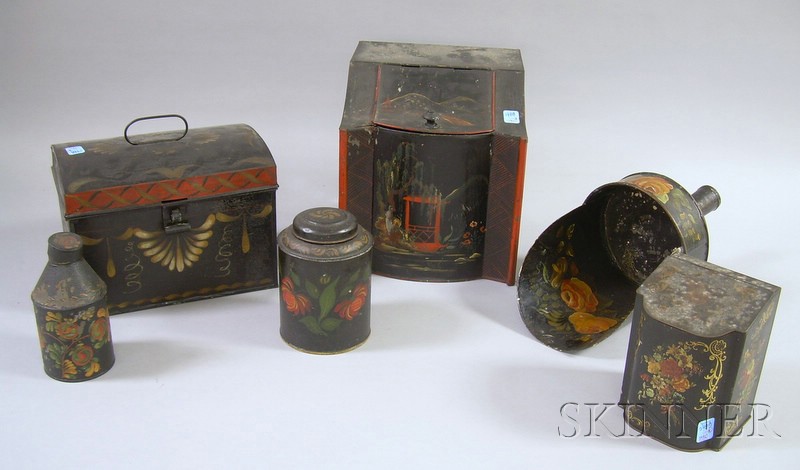 Appraisal: Decorated Toleware Dome-top Box Tea Caddy Scoop and Three Cannisters