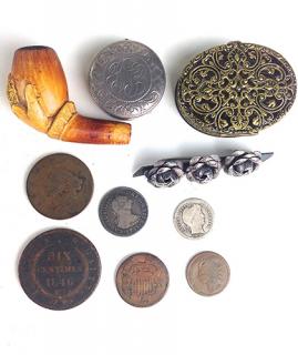 Appraisal: pin box floral pins Meerschaum hand pipe American coins pin