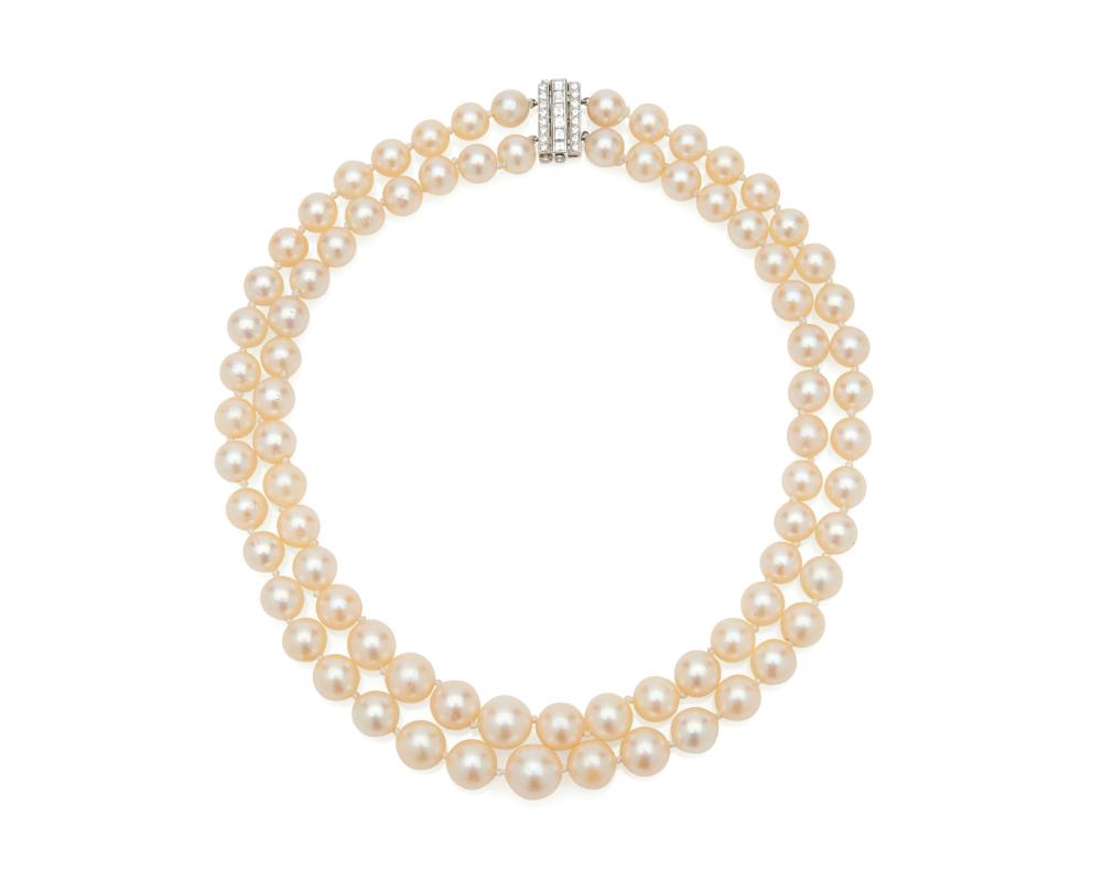 Appraisal: Platinum Double Strand Pearl and Diamond Necklace featuring two strands