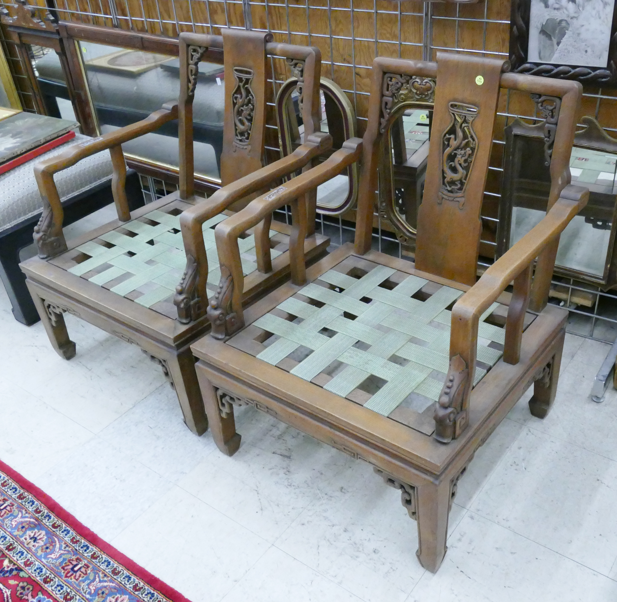 Appraisal: Pair Chinese Carved Mahogany Armchairs- no cushions- x x ''