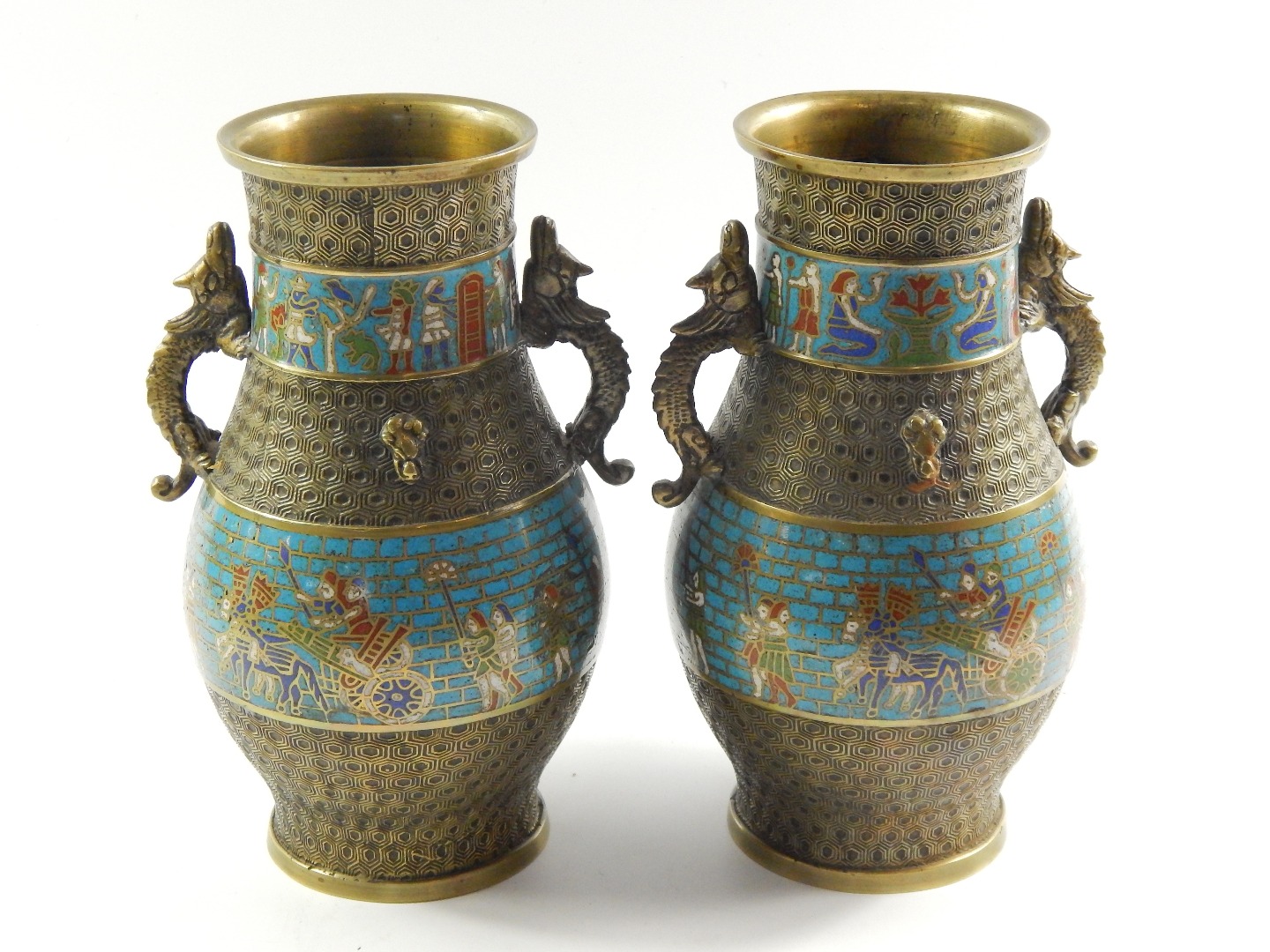 Appraisal: A pair of brass and champleve enamel vases late thC