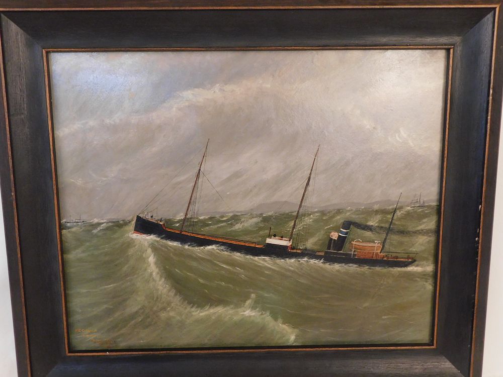 Appraisal: PAINTING STEAMSHIP PAINTING Antique oil painting on board depicting the