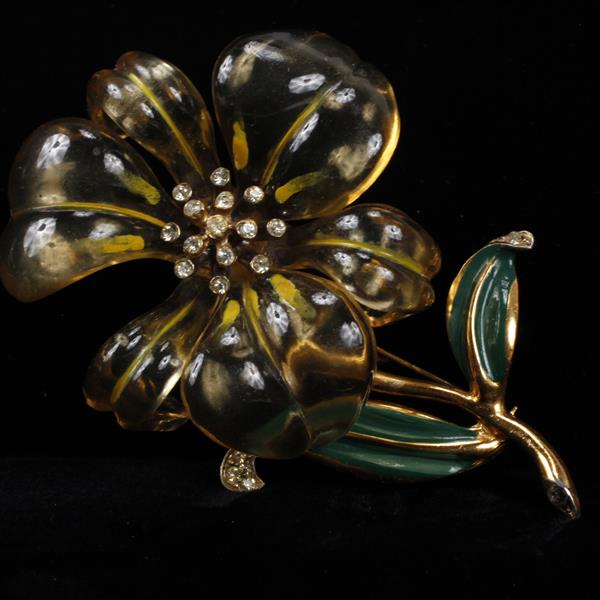 Appraisal: Giant Unmarked Lucite Acrylic Flower Brooch Pin with Enamel Rhinestones