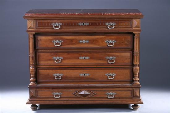 Appraisal: FRENCH PROVINCIAL MARBLE-TOP WALNUT COMMODE Late th Century Projecting frieze