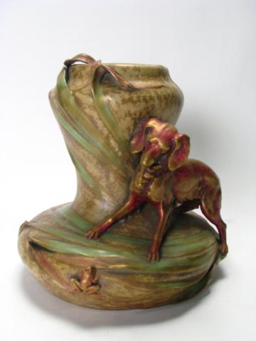 Appraisal: Amphora Cabinet Vase with Setter dog figure '' high with