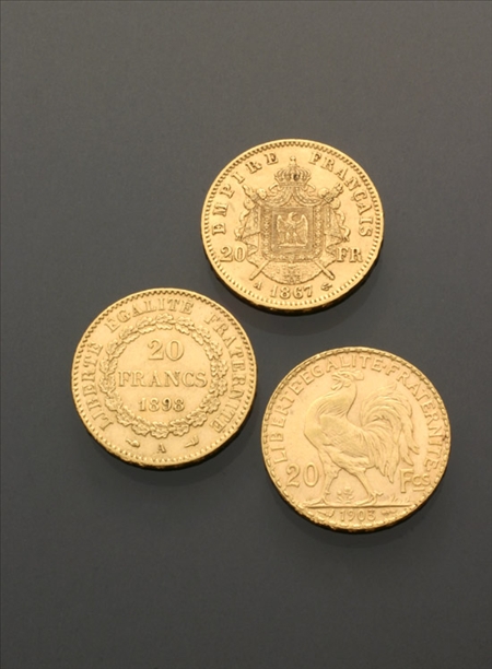 Appraisal: Three French Twenty-Franc Gold Coins Dated and