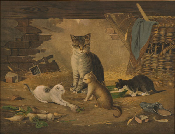 Appraisal: Victorian prints frolicking barn cats and dog chasing chickens Images