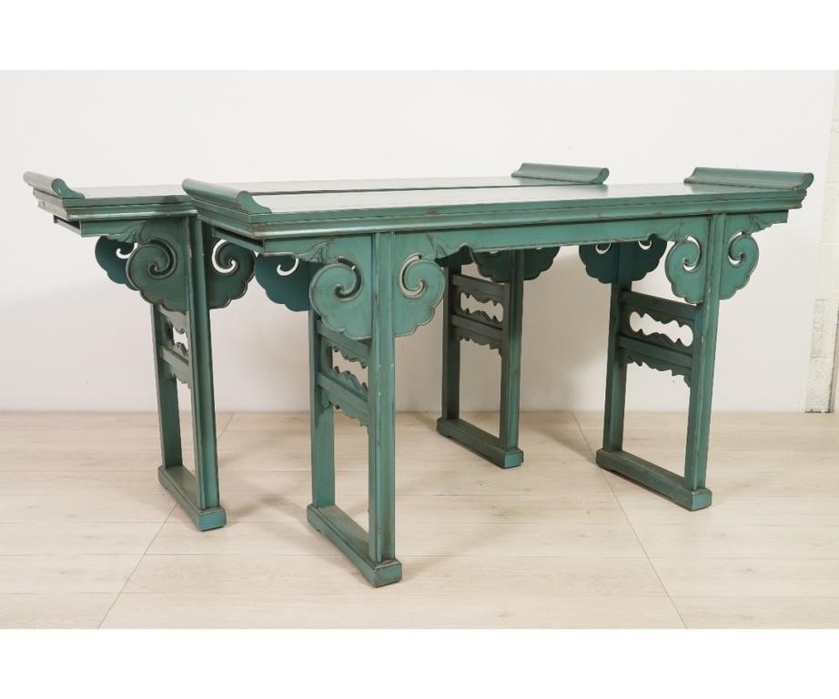 Appraisal: Pair of Asian style blue scroll tables th c h