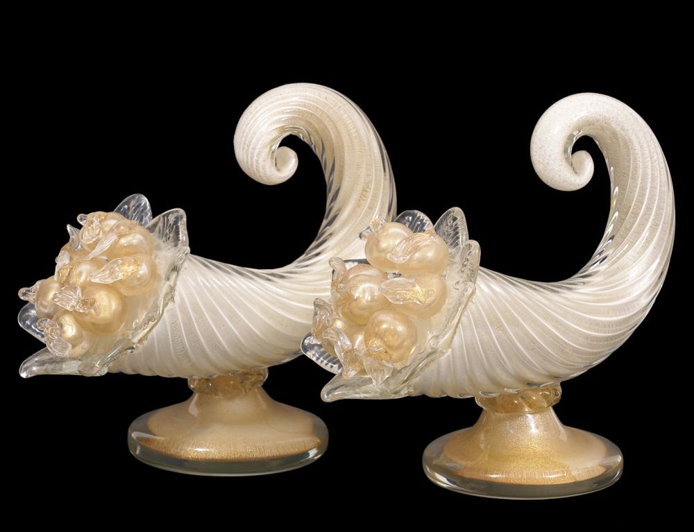 Appraisal: ATTRB BAROVIER AND TOSO GLASS CORNUCOPIA BOOKENDSPr Italian cornucopia sculptured