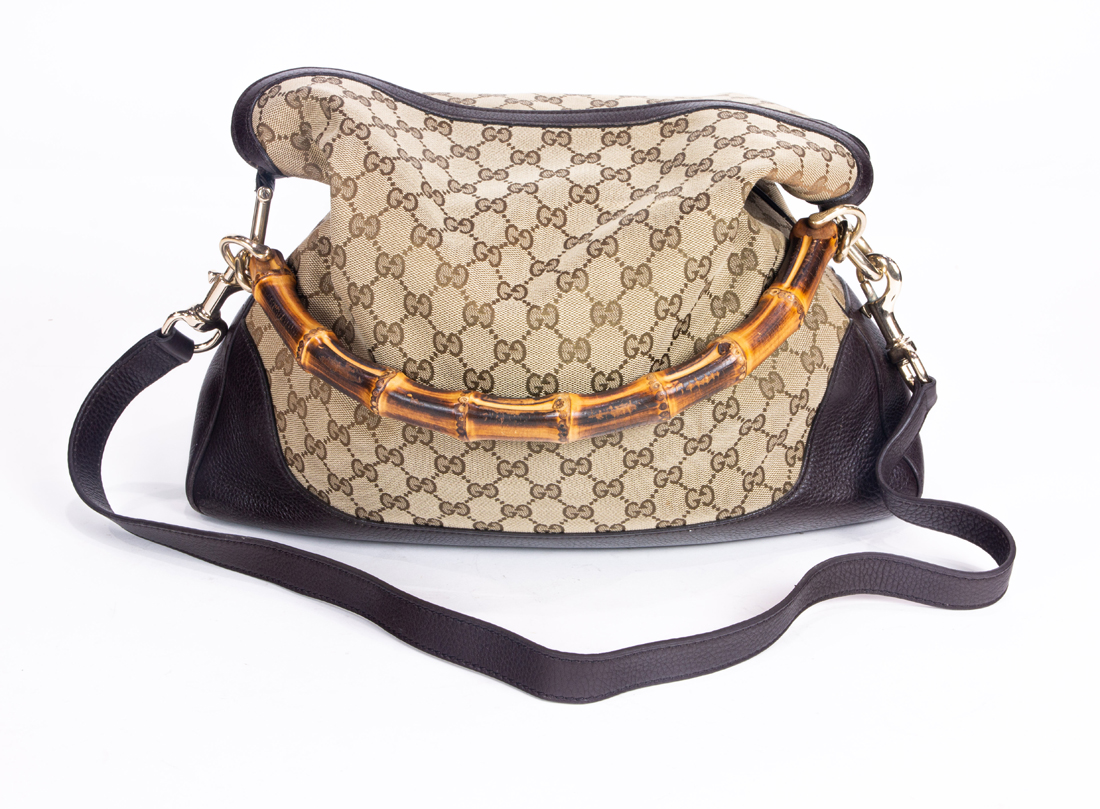 Appraisal: LARGE GUCCI DIANA MONOGRAM CANVAS AND LEATHER HANDBAG WITH BAMBOO