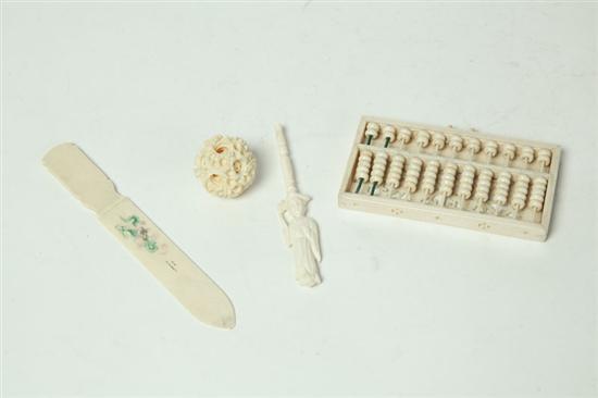 Appraisal: FOUR CARVINGS Asian st half- th century Miniature bone abacus