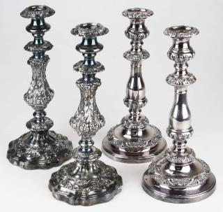 Appraisal: Two Pair Fine Sheffield Silver Plate Candlesticks One Pair Marked