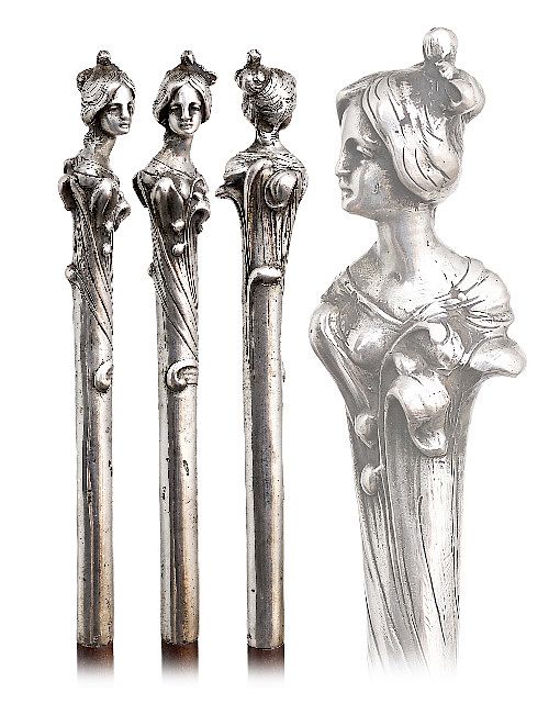 Appraisal: Silver Figural Art Nouveau Cane -Ca -Straight silver handle well