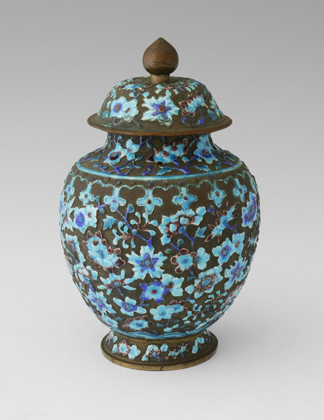 Appraisal: CHINESE ENAMEL LIDDED JAR Metal body with blue floral motif