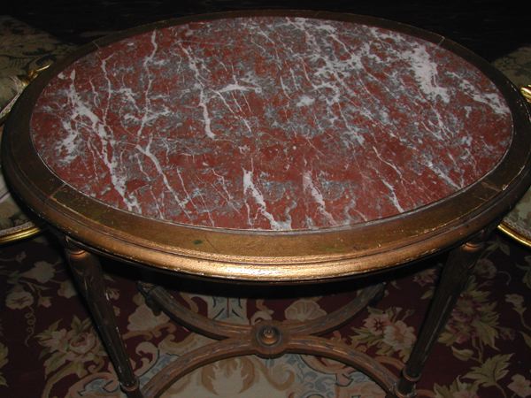 Appraisal: Louis XVI-Style Giltwood Marble-Top Salon Table early th century the