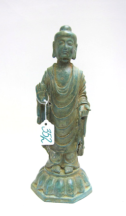 Appraisal: BRONZE FIGURAL SCULPTURE standing Buddha and holding his hands in